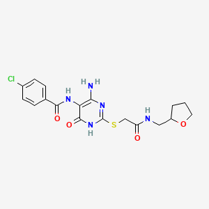 molecular formula C18H20ClN5O4S B2672854 N-(4-amino-6-oxo-2-((2-oxo-2-(((tetrahydrofuran-2-yl)methyl)amino)ethyl)thio)-1,6-dihydropyrimidin-5-yl)-4-chlorobenzamide CAS No. 888435-07-2