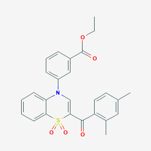 molecular formula C26H23NO5S B2672886 ethyl 3-[2-(2,4-dimethylbenzoyl)-1,1-dioxido-4H-1,4-benzothiazin-4-yl]benzoate CAS No. 1114852-58-2
