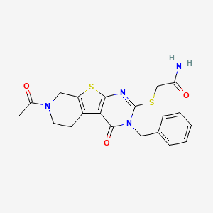 molecular formula C20H20N4O3S2 B2672910 2-((7-Acetyl-3-benzyl-4-oxo-3,4,5,6,7,8-hexahydropyrido[4',3':4,5]thieno[2,3-d]pyrimidin-2-yl)thio)acetamide CAS No. 941877-53-8
