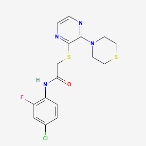 molecular formula C16H16ClFN4OS2 B2672942 N-(4-chloro-2-fluorophenyl)-2-((3-thiomorpholinopyrazin-2-yl)thio)acetamide CAS No. 1226446-11-2