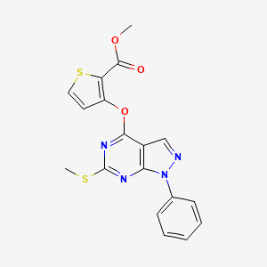 molecular formula C18H14N4O3S2 B2672955 methyl 3-{[6-(methylsulfanyl)-1-phenyl-1H-pyrazolo[3,4-d]pyrimidin-4-yl]oxy}-2-thiophenecarboxylate CAS No. 478081-03-7