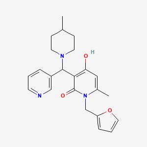 molecular formula C23H27N3O3 B2673006 1-(furan-2-ylmethyl)-4-hydroxy-6-methyl-3-((4-methylpiperidin-1-yl)(pyridin-3-yl)methyl)pyridin-2(1H)-one CAS No. 897613-01-3