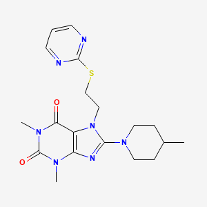 molecular formula C19H25N7O2S B2673014 1,3-dimethyl-8-(4-methylpiperidin-1-yl)-7-(2-(pyrimidin-2-ylthio)ethyl)-1H-purine-2,6(3H,7H)-dione CAS No. 850914-63-5