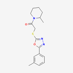 molecular formula C17H21N3O2S B2673015 1-(2-甲基哌啶-1-基)-2-((5-(间甲苯基)-1,3,4-噁二唑-2-基)硫基)乙酮 CAS No. 461001-13-8