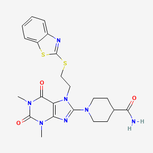 molecular formula C22H25N7O3S2 B2673024 1-(7-(2-(苯并[d]噻唑-2-基硫基)乙基)-1,3-二甲基-2,6-二氧代-2,3,6,7-四氢-1H-嘧啶-8-基)哌啶-4-甲酰胺 CAS No. 476482-20-9