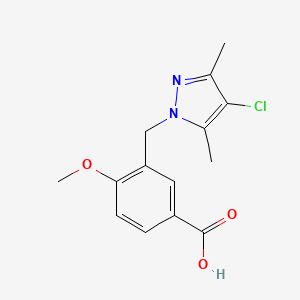 molecular formula C14H15ClN2O3 B2673027 3-[(4-氯-3,5-二甲基-1H-吡唑-1-基)甲基]-4-甲氧基苯甲酸 CAS No. 956204-52-7