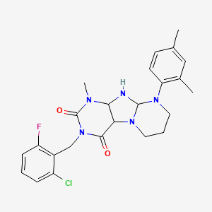 molecular formula C24H23ClFN5O2 B2673090 3-[(2-chloro-6-fluorophenyl)methyl]-9-(2,4-dimethylphenyl)-1-methyl-1H,2H,3H,4H,6H,7H,8H,9H-pyrimido[1,2-g]purine-2,4-dione CAS No. 923438-03-3
