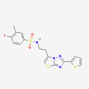 molecular formula C17H15FN4O2S3 B2673097 4-fluoro-3-methyl-N-(2-(2-(thiophen-2-yl)thiazolo[3,2-b][1,2,4]triazol-6-yl)ethyl)benzenesulfonamide CAS No. 951580-14-6