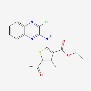 molecular formula C18H16ClN3O3S B2673099 Ethyl 5-acetyl-2-[(3-chloroquinoxalin-2-yl)amino]-4-methylthiophene-3-carboxylate CAS No. 747411-57-0