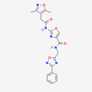 molecular formula C20H18N6O5 B2673200 2-(2-(3,5-dimethylisoxazol-4-yl)acetamido)-N-((3-phenyl-1,2,4-oxadiazol-5-yl)methyl)oxazole-4-carboxamide CAS No. 1797259-34-7