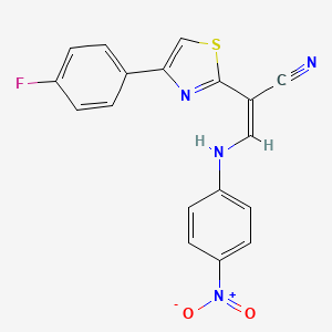 molecular formula C18H11FN4O2S B2673209 (Z)-2-(4-(4-fluorophenyl)thiazol-2-yl)-3-((4-nitrophenyl)amino)acrylonitrile CAS No. 476676-87-6