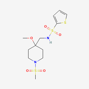 molecular formula C12H20N2O5S3 B2673215 N-[(1-methanesulfonyl-4-methoxypiperidin-4-yl)methyl]thiophene-2-sulfonamide CAS No. 2415456-49-2