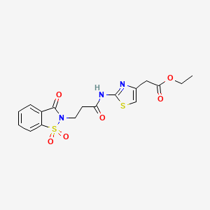 molecular formula C17H17N3O6S2 B2673233 ethyl 2-(2-(3-(1,1-dioxido-3-oxobenzo[d]isothiazol-2(3H)-yl)propanamido)thiazol-4-yl)acetate CAS No. 899757-59-6