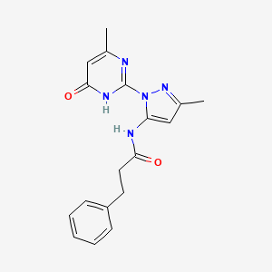 molecular formula C18H19N5O2 B2673259 N-(3-methyl-1-(4-methyl-6-oxo-1,6-dihydropyrimidin-2-yl)-1H-pyrazol-5-yl)-3-phenylpropanamide CAS No. 1052604-58-6