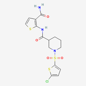 molecular formula C15H16ClN3O4S3 B2673283 N-(3-carbamoylthiophen-2-yl)-1-((5-chlorothiophen-2-yl)sulfonyl)piperidine-3-carboxamide CAS No. 921804-46-8