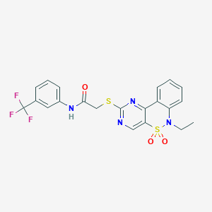 molecular formula C21H17F3N4O3S2 B2673302 2-[(6-ethyl-5,5-dioxido-6H-pyrimido[5,4-c][2,1]benzothiazin-2-yl)thio]-N-[3-(trifluoromethyl)phenyl]acetamide CAS No. 951578-16-8