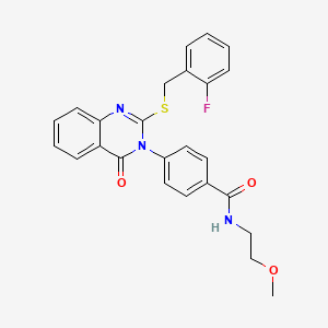 molecular formula C25H22FN3O3S B2673353 4-[2-[(2-fluorophenyl)methylsulfanyl]-4-oxoquinazolin-3-yl]-N-(2-methoxyethyl)benzamide CAS No. 403729-10-2