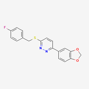molecular formula C18H13FN2O2S B2673417 3-(1,3-Benzodioxol-5-yl)-6-[(4-fluorophenyl)methylsulfanyl]pyridazine CAS No. 872695-37-9