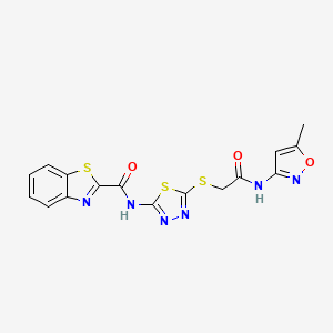 molecular formula C16H12N6O3S3 B2673468 N-(5-((2-((5-methylisoxazol-3-yl)amino)-2-oxoethyl)thio)-1,3,4-thiadiazol-2-yl)benzo[d]thiazole-2-carboxamide CAS No. 1226455-05-5