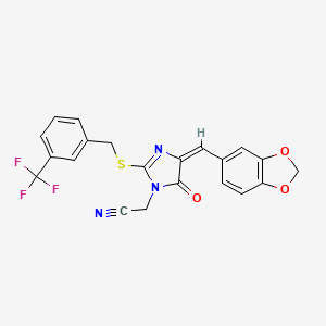 molecular formula C21H14F3N3O3S B2673509 2-[(4E)-4-(1,3-benzodioxol-5-ylmethylidene)-5-oxo-2-[[3-(trifluoromethyl)phenyl]methylsulfanyl]imidazol-1-yl]acetonitrile CAS No. 860651-17-8