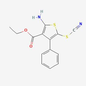 molecular formula C14H12N2O2S2 B2673525 乙基 2-氨基-4-苯基-5-硫氰酸甲酯-3-羧酸酯 CAS No. 304646-76-2