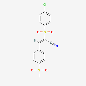molecular formula C16H12ClNO4S2 B2673528 (E)-2-(4-chlorophenyl)sulfonyl-3-(4-methylsulfonylphenyl)prop-2-enenitrile CAS No. 1025312-02-0