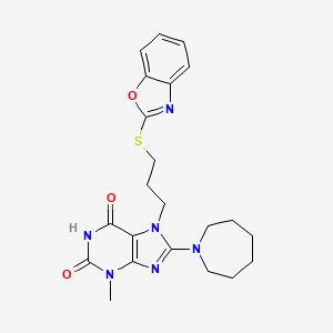 molecular formula C22H26N6O3S B2673538 8-(Azepan-1-yl)-7-[3-(1,3-benzoxazol-2-ylsulfanyl)propyl]-3-methylpurine-2,6-dione CAS No. 672920-49-9