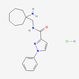 molecular formula C18H25ClN4O B2673570 N-[(1-Aminocycloheptyl)methyl]-1-phenylpyrazole-3-carboxamide;hydrochloride CAS No. 1591604-81-7