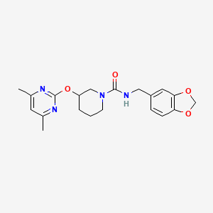 molecular formula C20H24N4O4 B2673580 N-(苯并[d][1,3]二噁杂环戊-5-基甲基)-3-((4,6-二甲基嘧啶-2-基)氧基)哌啶-1-甲酰胺 CAS No. 2034396-63-7
