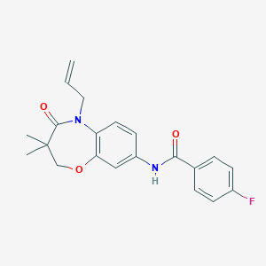 molecular formula C21H21FN2O3 B2673610 N-(5-烯丙基-3,3-二甲基-4-氧代-2,3,4,5-四氢苯并[b][1,4]噁唑-8-基)-4-氟苯甲酰胺 CAS No. 921794-27-6
