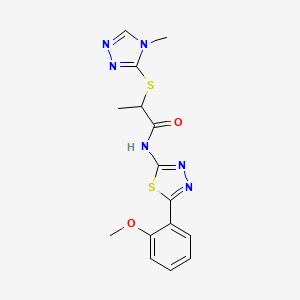 molecular formula C15H16N6O2S2 B2673701 N-(5-(2-methoxyphenyl)-1,3,4-thiadiazol-2-yl)-2-((4-methyl-4H-1,2,4-triazol-3-yl)thio)propanamide CAS No. 394235-48-4