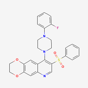 molecular formula C27H24FN3O4S B2673736 9-(4-(2-Fluorophenyl)piperazin-1-yl)-8-(phenylsulfonyl)-2,3-dihydro-[1,4]dioxino[2,3-g]quinoline CAS No. 899760-24-8