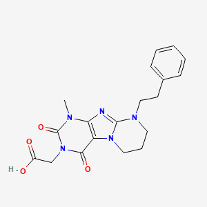 molecular formula C19H21N5O4 B2673772 [1-methyl-2,4-dioxo-9-(2-phenylethyl)-1,4,6,7,8,9-hexahydropyrimido[2,1-f]purin-3(2H)-yl]acetic acid CAS No. 878736-23-3