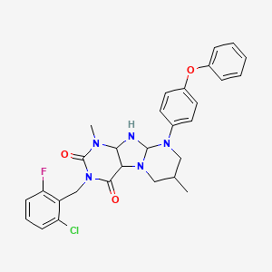 molecular formula C29H25ClFN5O3 B2673786 3-[(2-chloro-6-fluorophenyl)methyl]-1,7-dimethyl-9-(4-phenoxyphenyl)-1H,2H,3H,4H,6H,7H,8H,9H-pyrimido[1,2-g]purine-2,4-dione CAS No. 921077-29-4