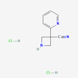 molecular formula C9H11Cl2N3 B2673791 3-Pyridin-2-ylazetidine-3-carbonitrile;dihydrochloride CAS No. 2138565-75-8
