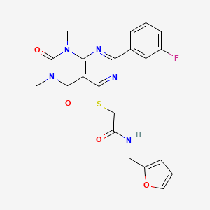 molecular formula C21H18FN5O4S B2673802 2-((2-(3-fluorophenyl)-6,8-dimethyl-5,7-dioxo-5,6,7,8-tetrahydropyrimido[4,5-d]pyrimidin-4-yl)thio)-N-(furan-2-ylmethyl)acetamide CAS No. 872854-49-4