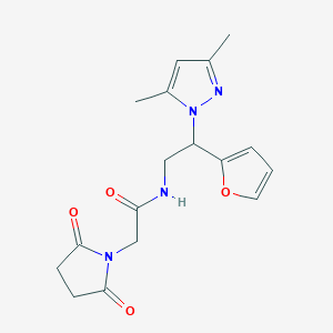 molecular formula C17H20N4O4 B2673836 N-(2-(3,5-二甲基-1H-吡唑-1-基)-2-(呋喃-2-基)乙基)-2-(2,5-二氧代吡咯烷-1-基)乙酰胺 CAS No. 2034543-16-1