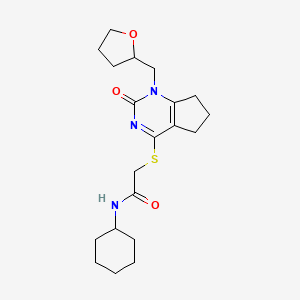molecular formula C20H29N3O3S B2673843 N-cyclohexyl-2-((2-oxo-1-((tetrahydrofuran-2-yl)methyl)-2,5,6,7-tetrahydro-1H-cyclopenta[d]pyrimidin-4-yl)thio)acetamide CAS No. 899756-16-2