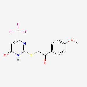 molecular formula C14H11F3N2O3S B2673845 2-{[4-羟基-6-(三氟甲基)嘧啶-2-基]硫基}-1-(4-甲氧基苯基)乙酮 CAS No. 899990-88-6