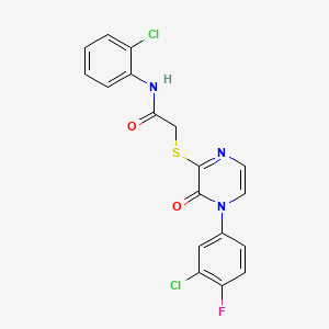 molecular formula C18H12Cl2FN3O2S B2673978 2-((4-(3-chloro-4-fluorophenyl)-3-oxo-3,4-dihydropyrazin-2-yl)thio)-N-(2-chlorophenyl)acetamide CAS No. 899987-63-4