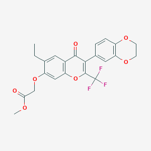 molecular formula C23H19F3O7 B2673983 methyl {[3-(2,3-dihydro-1,4-benzodioxin-6-yl)-6-ethyl-4-oxo-2-(trifluoromethyl)-4H-chromen-7-yl]oxy}acetate CAS No. 227094-73-7