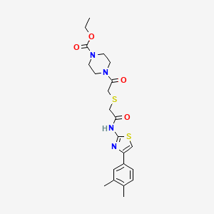 molecular formula C22H28N4O4S2 B2674053 Ethyl 4-(2-((2-((4-(3,4-dimethylphenyl)thiazol-2-yl)amino)-2-oxoethyl)thio)acetyl)piperazine-1-carboxylate CAS No. 681222-64-0