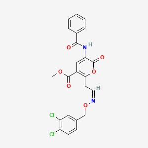 molecular formula C23H18Cl2N2O6 B2674279 甲基-5-苯甲酰胺基-2-[(2Z)-2-[(3,4-二氯苯基)甲氧基亚胺]乙基]-6-氧代吡喃-3-羧酸乙酯 CAS No. 303986-18-7