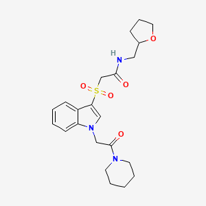 molecular formula C22H29N3O5S B2674282 2-((1-(2-oxo-2-(piperidin-1-yl)ethyl)-1H-indol-3-yl)sulfonyl)-N-((tetrahydrofuran-2-yl)methyl)acetamide CAS No. 878057-75-1