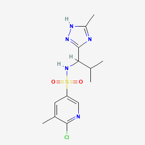 molecular formula C13H18ClN5O2S B2674302 6-Chloro-5-methyl-N-[2-methyl-1-(5-methyl-1H-1,2,4-triazol-3-yl)propyl]pyridine-3-sulfonamide CAS No. 1436068-37-9