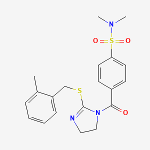 molecular formula C20H23N3O3S2 B2674369 N,N-二甲基-4-[2-[(2-甲基苯基)甲基硫醚基]-4,5-二氢咪唑-1-甲酰]苯磺酰胺 CAS No. 851801-39-3