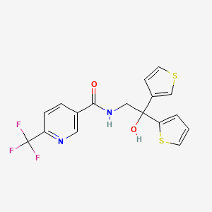 molecular formula C17H13F3N2O2S2 B2674523 N-(2-hydroxy-2-(thiophen-2-yl)-2-(thiophen-3-yl)ethyl)-6-(trifluoromethyl)nicotinamide CAS No. 2034621-01-5