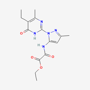 molecular formula C15H19N5O4 B2674616 ethyl {[1-(5-ethyl-4-methyl-6-oxo-1,6-dihydropyrimidin-2-yl)-3-methyl-1H-pyrazol-5-yl]amino}(oxo)acetate CAS No. 1001943-36-7