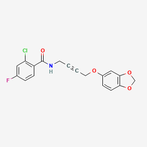 molecular formula C18H13ClFNO4 B2674634 N-(4-(benzo[d][1,3]dioxol-5-yloxy)but-2-yn-1-yl)-2-chloro-4-fluorobenzamide CAS No. 1448137-01-6
