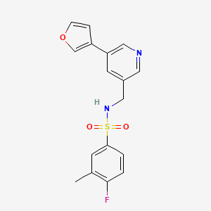 molecular formula C17H15FN2O3S B2674675 4-fluoro-N-((5-(furan-3-yl)pyridin-3-yl)methyl)-3-methylbenzenesulfonamide CAS No. 2034430-39-0